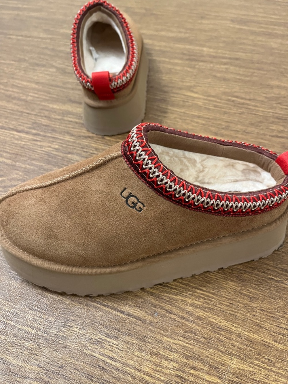 UGG Chestnut Suede Slip-On Clogs with Red Trim and Cream Lining. - Picture 6 of 8